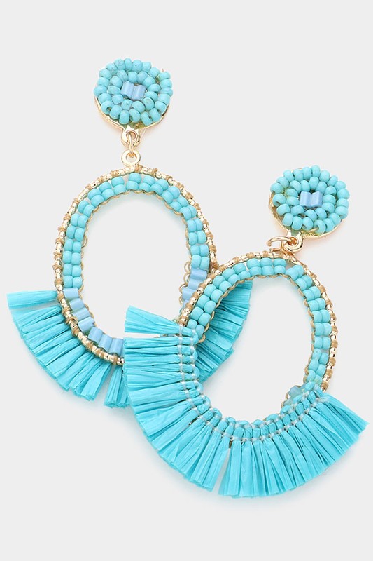 Bead Metal Oval Raffia Fringe Dangle Earrings