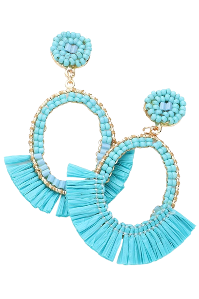 Bead Metal Oval Raffia Fringe Dangle Earrings