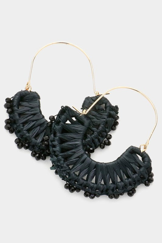 Faceted Bead Pointed Woven Raffia Earrings