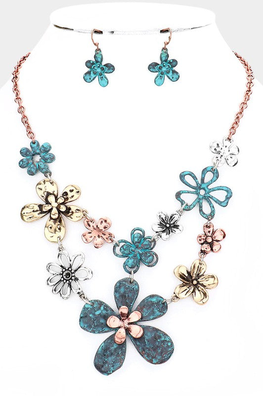 Metal Flower Link Statement Necklace