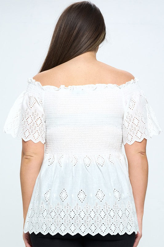 Plus Off Shoulder Eyelet Border Top