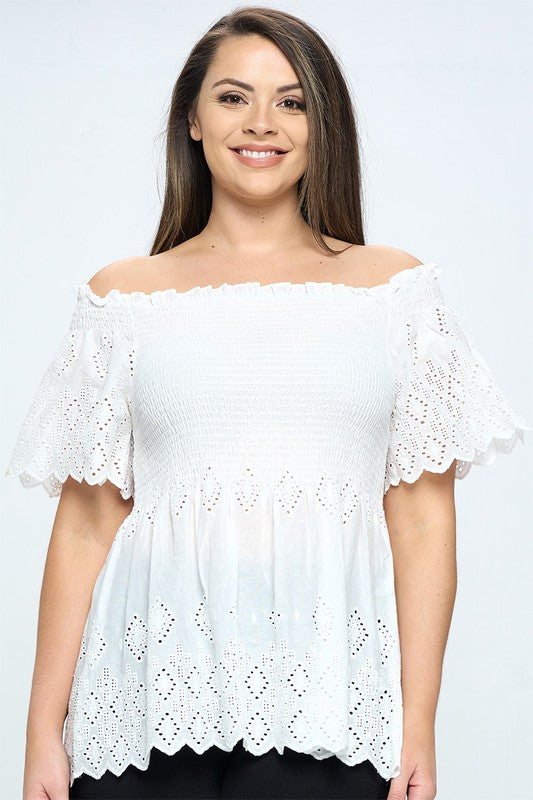 Plus Off Shoulder Eyelet Border Top