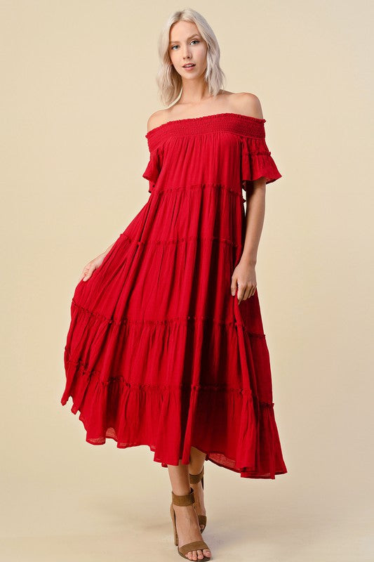 OFFSHOULDER SMOCKED TIERED MAXI DRESS