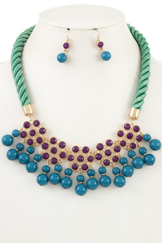 Beaded Dangle Bib Link Rope Necklace Set