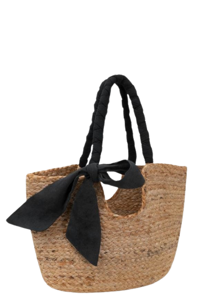 Straw Black Ribbon Wrapping Tote Bag