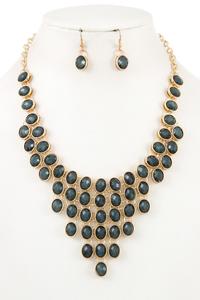 Dark Green Faceted Tiered Oval Bib Necklace Set